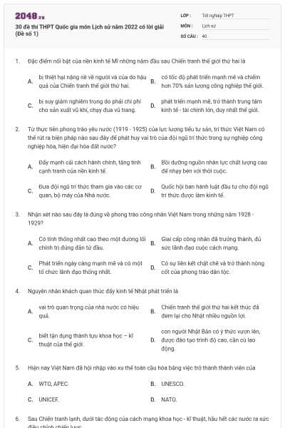 30 đề thi THPT Quốc gia môn Lịch sử năm 2022 có lời giải (Đề số 1)