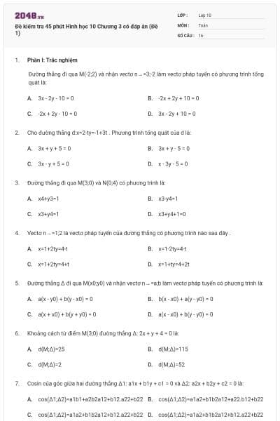 Đề kiểm tra 45 phút Hình học 10 Chương 3 có đáp án (Đề 1)