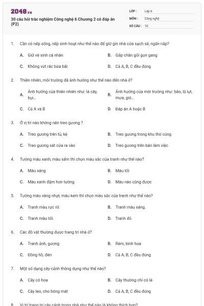 30 câu hỏi trắc nghiệm Công nghệ 6 Chương 2 có đáp án (P2)