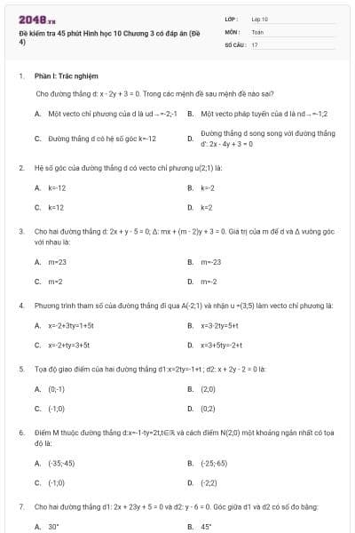 Đề kiểm tra 45 phút Hình học 10 Chương 3 có đáp án (Đề 4)