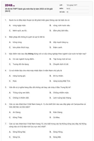 30 đề thi THPT Quốc gia môn Địa lý năm 2022 có lời giải (Đề 8)