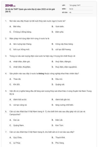 30 đề thi THPT Quốc gia môn Địa lý năm 2022 có lời giải (Đề 9)