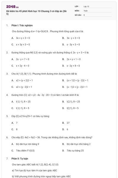 Đề kiểm tra 45 phút Hình học 10 Chương 3 có đáp án (Đề 5)