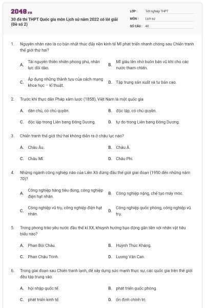30 đề thi THPT Quốc gia môn Lịch sử năm 2022 có lời giải (Đề số 2)