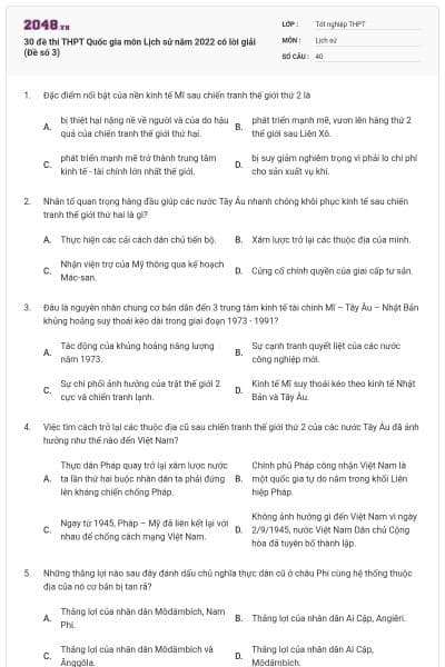 30 đề thi THPT Quốc gia môn Lịch sử năm 2022 có lời giải (Đề số 3)