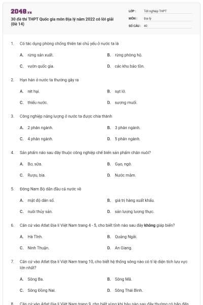 30 đề thi THPT Quốc gia môn Địa lý năm 2022 có lời giải (Đề 14)