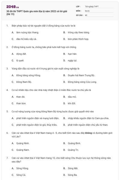 30 đề thi THPT Quốc gia môn Địa lý năm 2022 có lời giải (Đề 15)