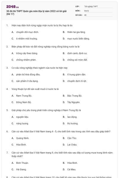 30 đề thi THPT Quốc gia môn Địa lý năm 2022 có lời giải (Đề 17)