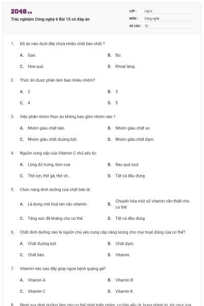 Trắc nghiệm Công nghệ 6 Bài 15 có đáp án