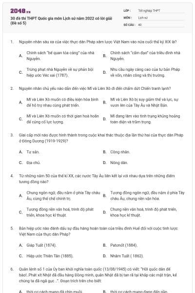 30 đề thi THPT Quốc gia môn Lịch sử năm 2022 có lời giải (Đề số 5)