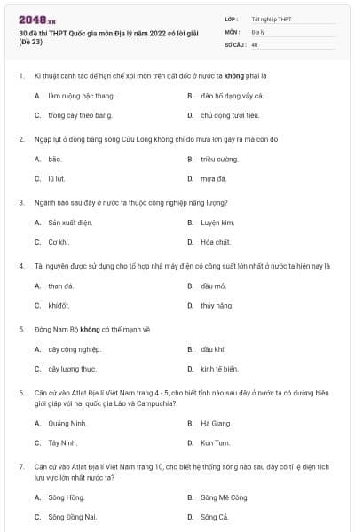 30 đề thi THPT Quốc gia môn Địa lý năm 2022 có lời giải (Đề 23)