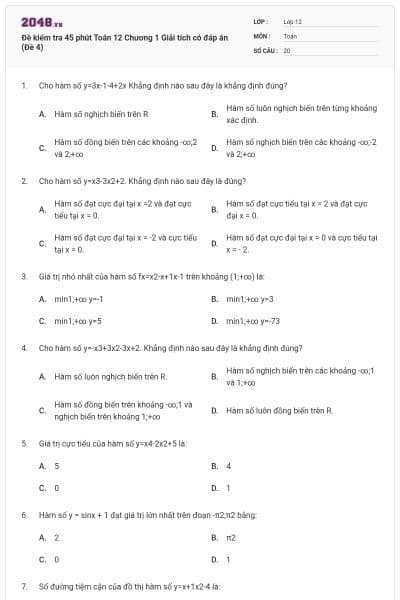 Đề kiểm tra 45 phút Toán 12 Chương 1 Giải tích có đáp án (Đề 4)