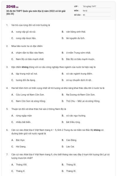 30 đề thi THPT Quốc gia môn Địa lý năm 2022 có lời giải (Đề 25)