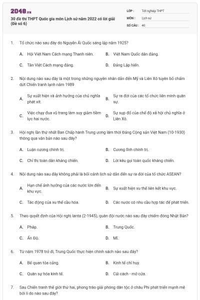 30 đề thi THPT Quốc gia môn Lịch sử năm 2022 có lời giải (Đề số 6)