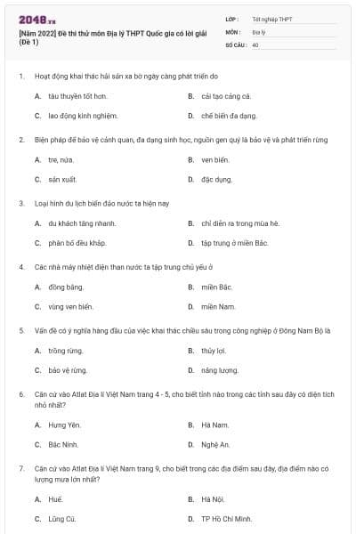 [Năm 2022] Đề thi thử môn Địa lý THPT Quốc gia có lời giải (Đề 1)