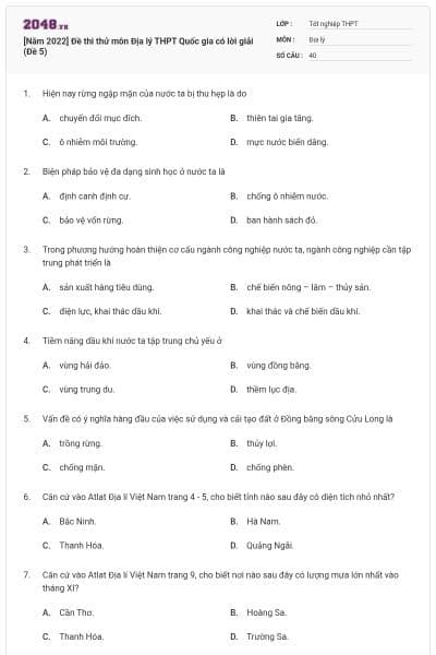 [Năm 2022] Đề thi thử môn Địa lý THPT Quốc gia có lời giải (Đề 5)