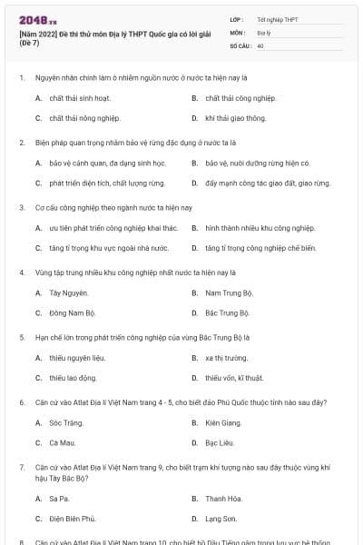 [Năm 2022] Đề thi thử môn Địa lý THPT Quốc gia có lời giải (Đề 7)