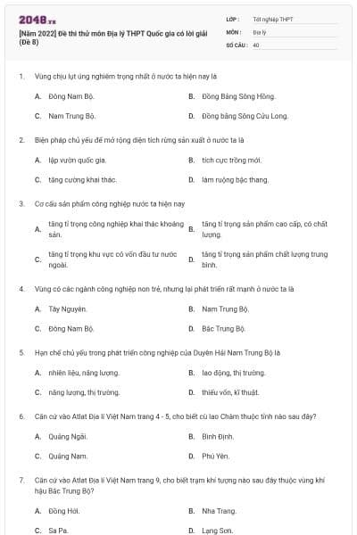 [Năm 2022] Đề thi thử môn Địa lý THPT Quốc gia có lời giải (Đề 8)