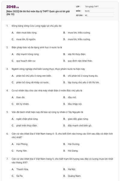 [Năm 2022] Đề thi thử môn Địa lý THPT Quốc gia có lời giải (Đề 10)