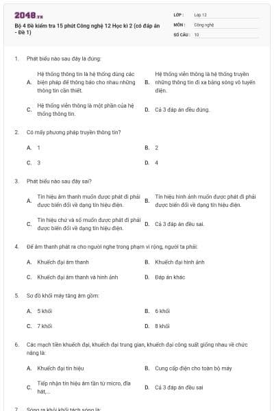 Bộ 4 Đề kiểm tra 15 phút Công nghệ 12 Học kì 2 (có đáp án - Đề 1)