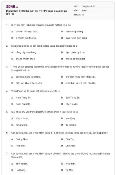 [Năm 2022] Đề thi thử môn Địa lý THPT Quốc gia có lời giải (Đề 13)