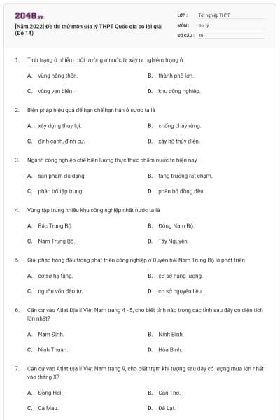 [Năm 2022] Đề thi thử môn Địa lý THPT Quốc gia có lời giải (Đề 14)