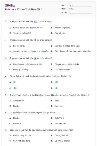 Đề thi Học kì 1 Tin học 12 có đáp án (Đề 1)