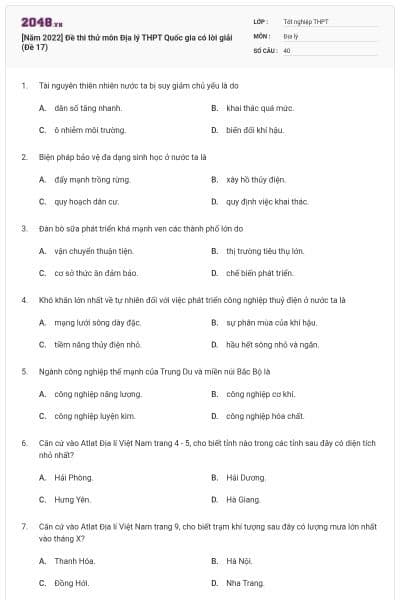[Năm 2022] Đề thi thử môn Địa lý THPT Quốc gia có lời giải (Đề 17)