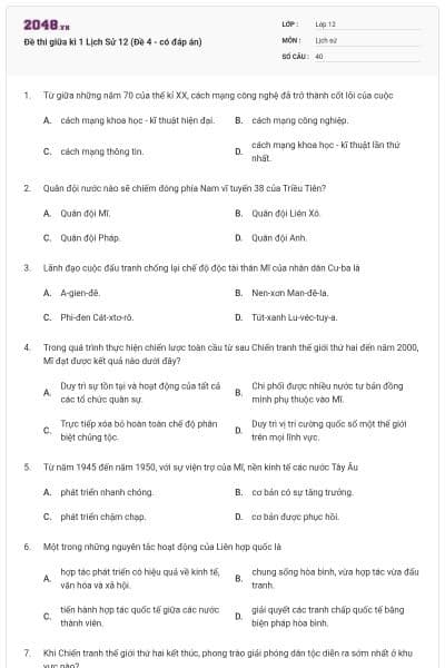 Đề thi giữa kì 1 Lịch Sử 12 (Đề 4 - có đáp án)