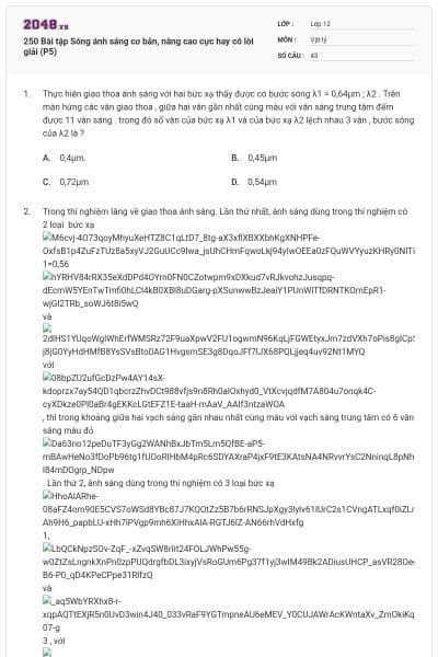 250 Bài tập Sóng ánh sáng cơ bản, nâng cao cực hay có lời giải (P5)