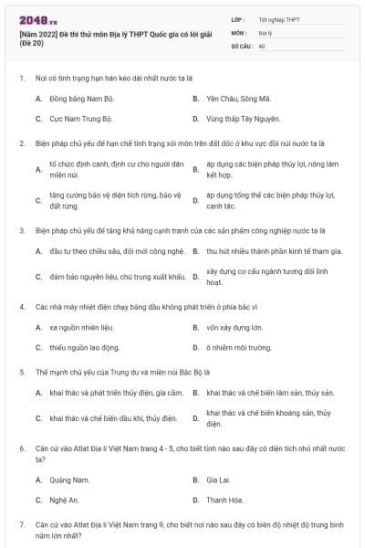 [Năm 2022] Đề thi thử môn Địa lý THPT Quốc gia có lời giải (Đề 20)