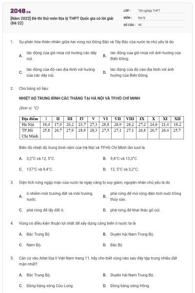 [Năm 2022] Đề thi thử môn Địa lý THPT Quốc gia có lời giải (Đề 22)