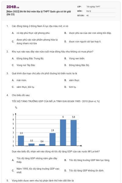 [Năm 2022] Đề thi thử môn Địa lý THPT Quốc gia có lời giải (Đề 23)