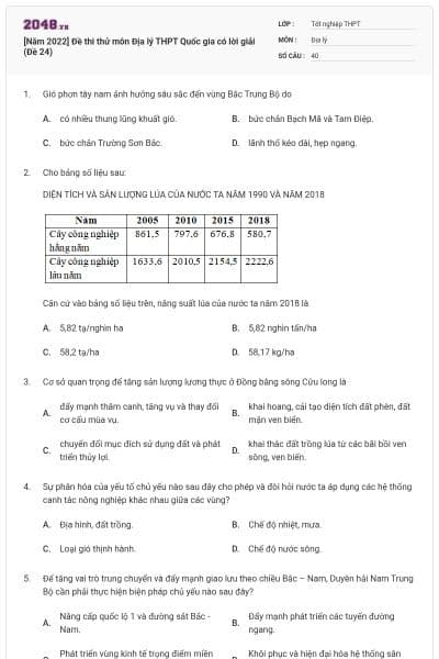 [Năm 2022] Đề thi thử môn Địa lý THPT Quốc gia có lời giải (Đề 24)