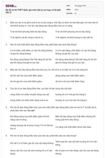 Bộ đề ôn thi THPT Quốc gia môn Vật Lý cực hay, có lời giải (Đề 2)