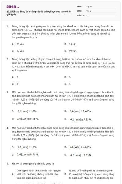 232 Bài tập Sóng ánh sáng sát đề thi Đại học cực hay có lời giải (p4)