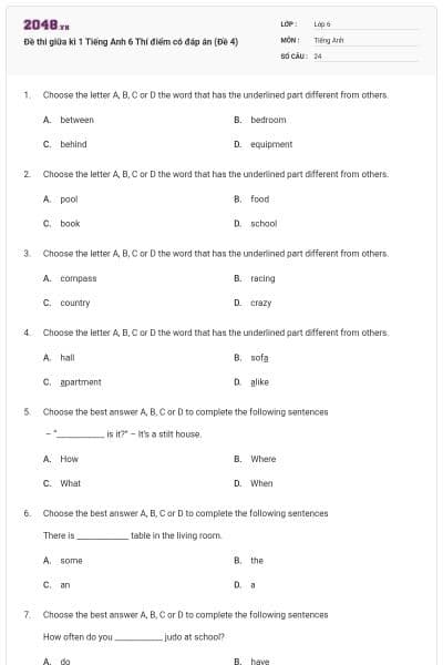 Đề thi giữa kì 1 Tiếng Anh 6 Thí điểm có đáp án (Đề 4)