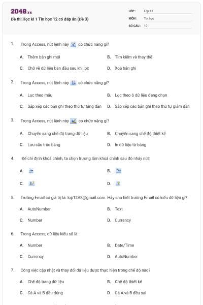 Đề thi Học kì 1 Tin học 12 có đáp án (Đề 3)