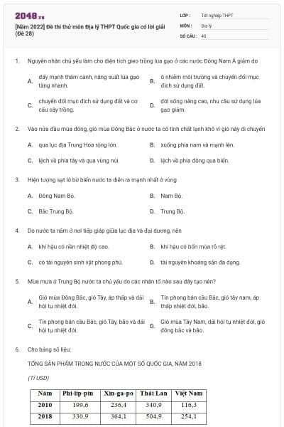 [Năm 2022] Đề thi thử môn Địa lý THPT Quốc gia có lời giải (Đề 28)