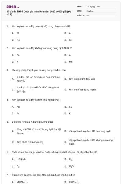 30 đề thi THPT Quốc gia môn Hóa năm 2022 có lời giải (Đề số 7)