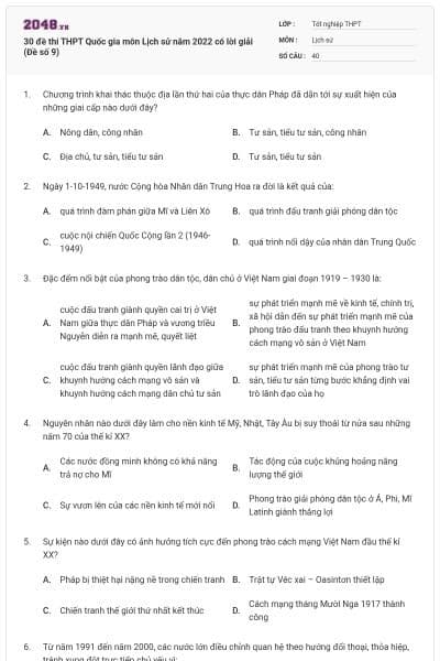 30 đề thi THPT Quốc gia môn Lịch sử năm 2022 có lời giải (Đề số 9)