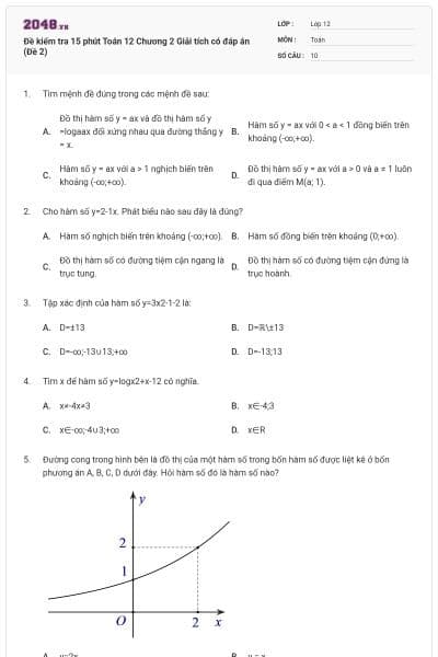 Đề kiểm tra 15 phút Toán 12 Chương 2 Giải tích có đáp án (Đề 2)