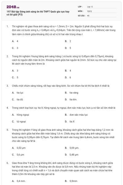 197 Bài tập Sóng ánh sáng ôn thi THPT Quốc gia cực hay có lời giải (P3)