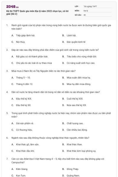 Đề thi THPT Quốc gia môn Địa lý năm 2022 chọn lọc, có lời giải (Đề 2)