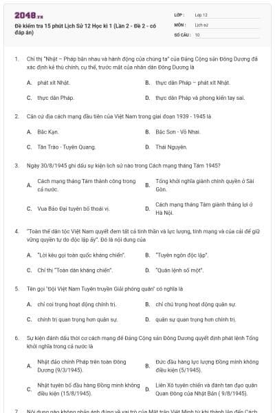 Đề kiểm tra 15 phút Lịch Sử 12 Học kì 1 (Lần 2 - Đề 2 - có đáp án)