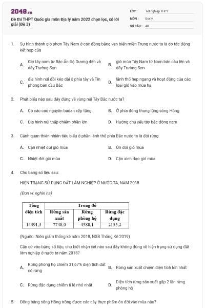 Đề thi THPT Quốc gia môn Địa lý năm 2022 chọn lọc, có lời giải (Đề 3)
