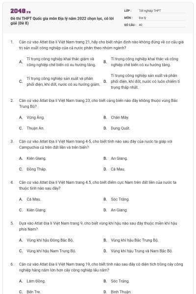 Đề thi THPT Quốc gia môn Địa lý năm 2022 chọn lọc, có lời giải (Đề 8)