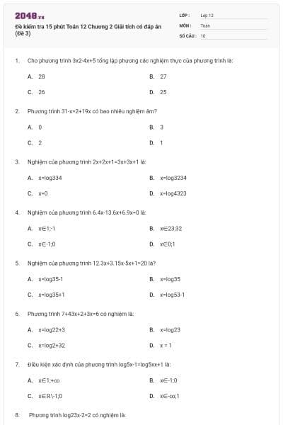 Đề kiểm tra 15 phút Toán 12 Chương 2 Giải tích có đáp án (Đề 3)