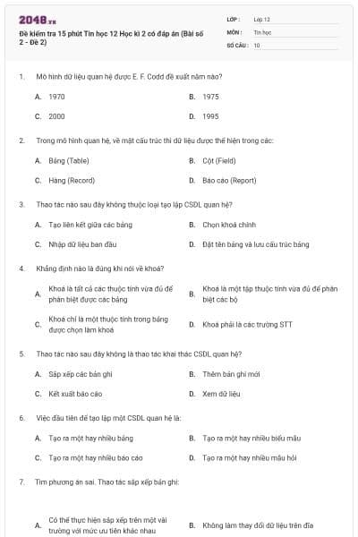 Đề kiểm tra 15 phút Tin học 12 Học kì 2 có đáp án (Bài số 2 - Đề 2)