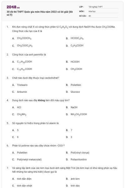 30 đề thi THPT Quốc gia môn Hóa năm 2022 có lời giải (Đề số 9)